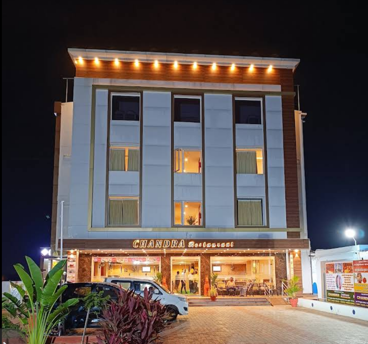 Chandra Residency illuminated at night