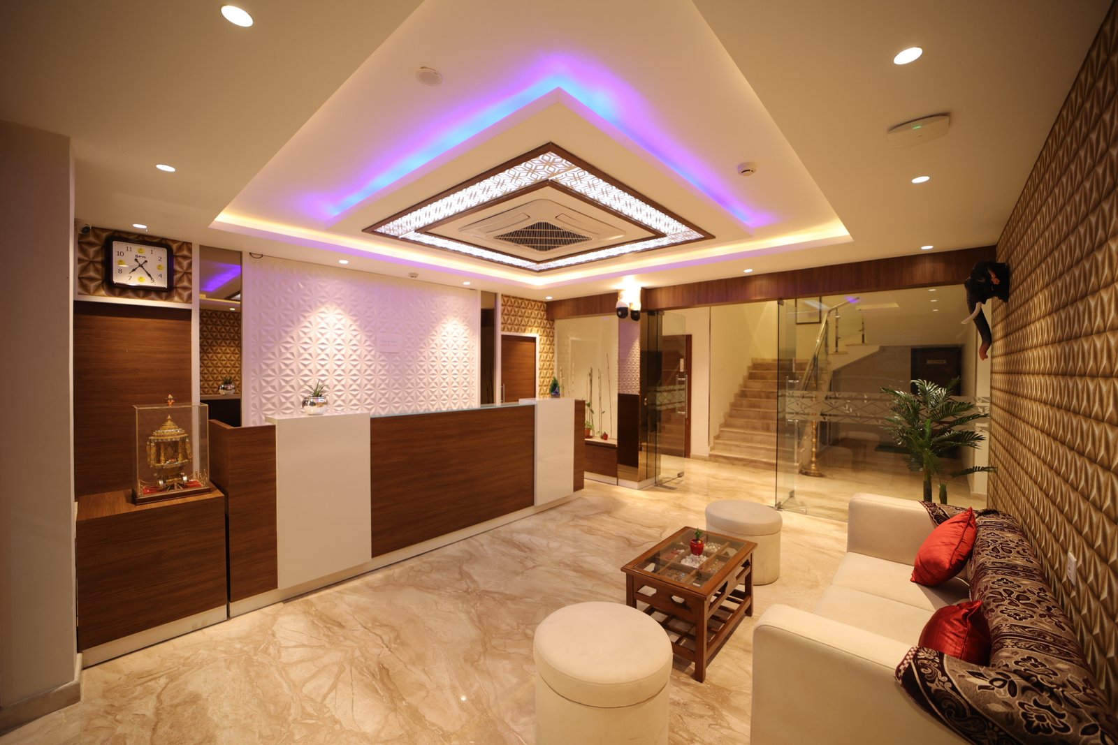 The welcoming lobby and reception at Chandra Residency